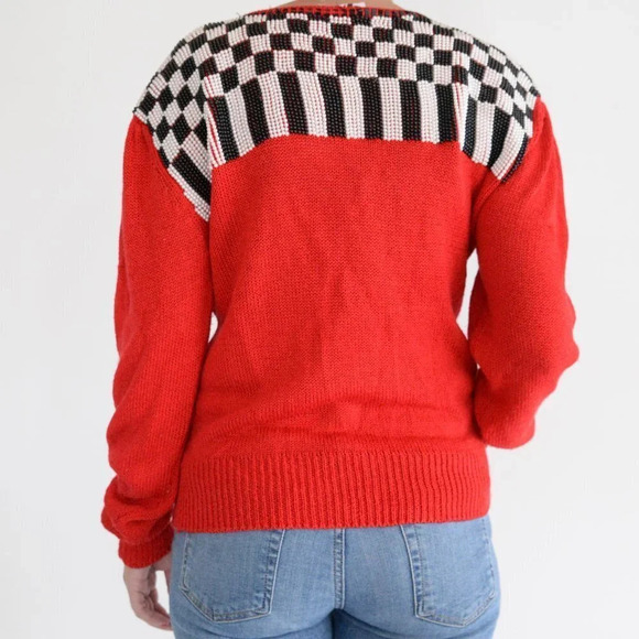 Vintage L.L. European Red with Black & White Beaded V-neck Knit Sweater Size 38 - Picture 3 of 12
